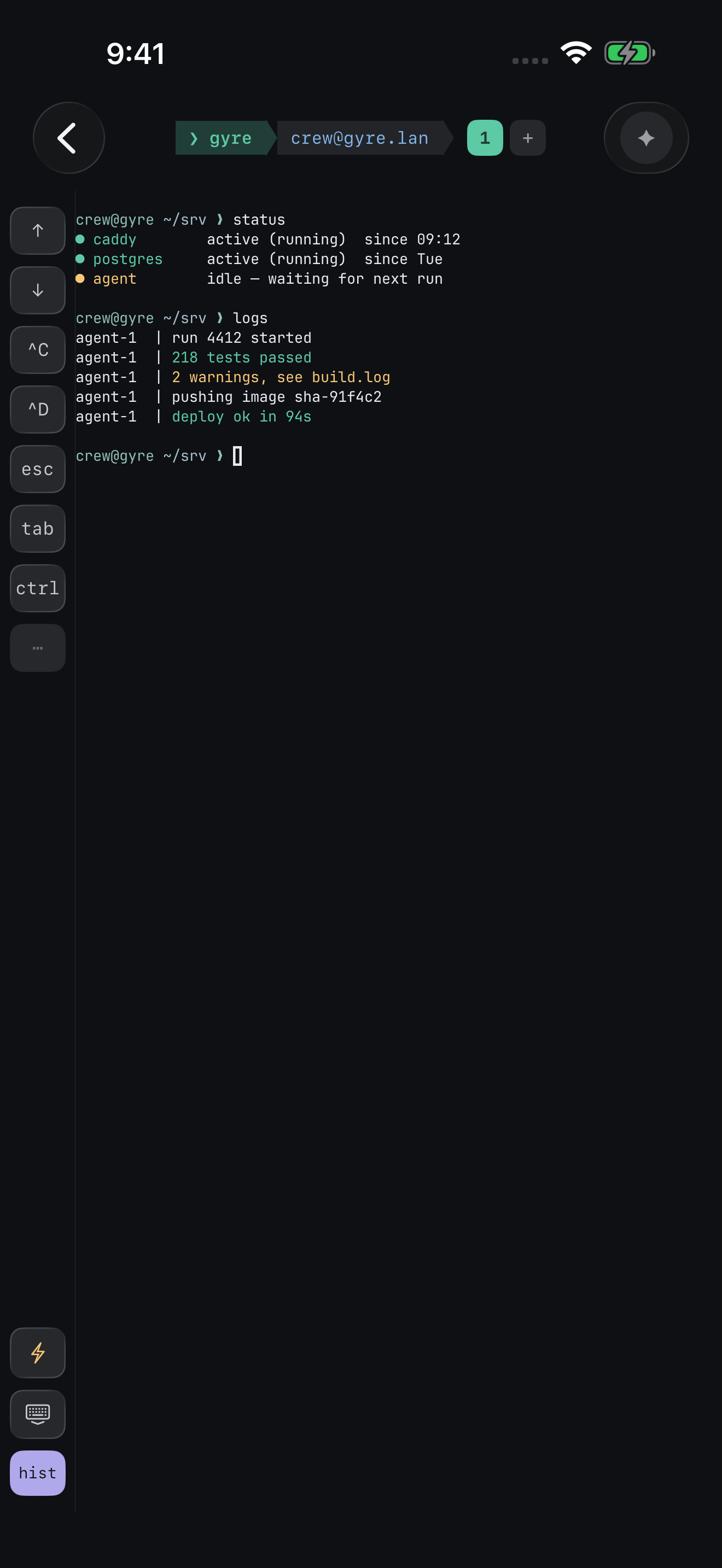 Outrigger terminal session on iPhone: crew@gyre with service status and agent logs